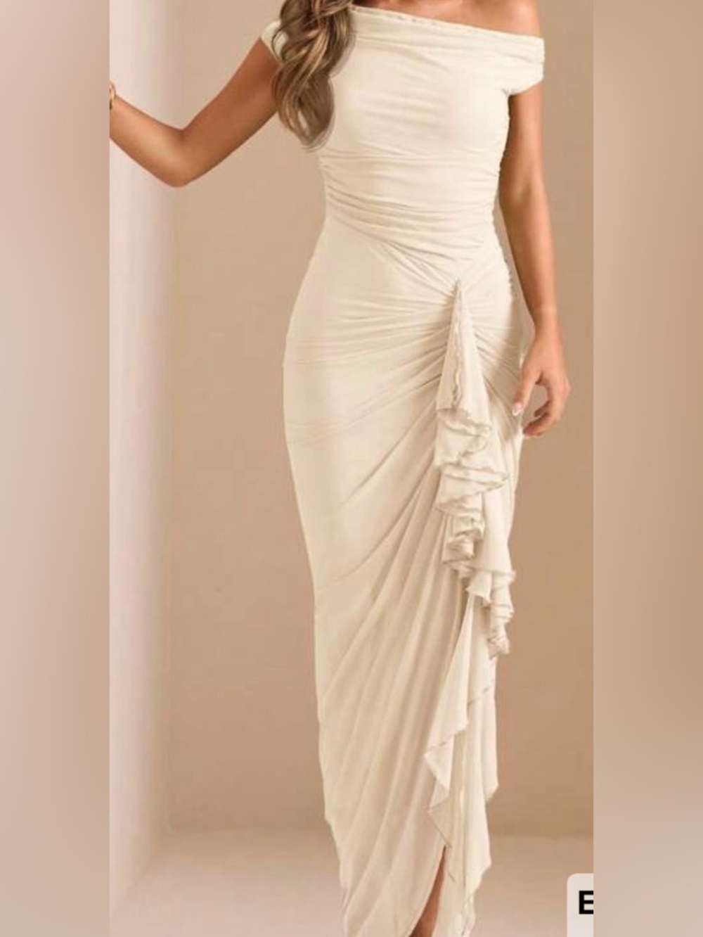 Off-Shoulder Ruffle Column Dress in Cream